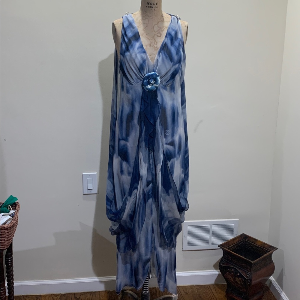 Chanel Blue and White Maxi Dress with Floral Accent